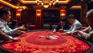 Experience the luxury of 68VIP with players enjoying intense poker matches at an upscale casino.