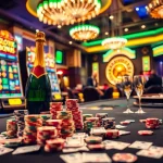 Players celebrating a big win with slot bonus promotions and vibrant gaming elements in a luxurious casino.
