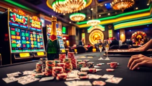 Players celebrating a big win with slot bonus promotions and vibrant gaming elements in a luxurious casino.