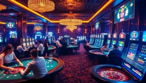 Experience the thrill at the meilleur nouveau casino en ligne with players enjoying poker and roulette in a luxurious casino atmosphere.