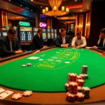 Experience the thrill of casino en ligne argent réel with players enjoying blackjack and colorful slot machines.