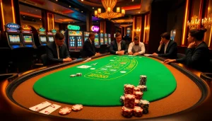 Experience the thrill of casino en ligne argent réel with players enjoying blackjack and colorful slot machines.