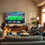 Family enjoying Iron TV Pro on a modern sofa with vibrant content displayed on a large TV.
