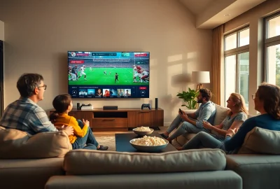 Family enjoying Iron TV Pro on a modern sofa with vibrant content displayed on a large TV.