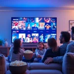 Family enjoying Iron TV Pro on a large screen in a cozy living room.