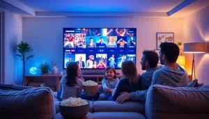 Family enjoying Iron TV Pro on a large screen in a cozy living room.