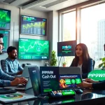 PP9WIN cash out success illustrated in a vibrant professional gaming office scene.