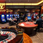 Trụ Sở Nhà Cái 68VIP showcases a luxurious casino environment with vibrant gaming tables and professional service.