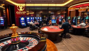 Trụ Sở Nhà Cái 68VIP showcases a luxurious casino environment with vibrant gaming tables and professional service.