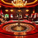 Experience the thrill of gambling with 789f in a luxurious casino scene featuring poker and roulette.